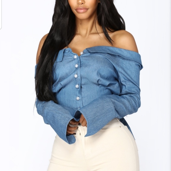 Fashion Nova Tops - SALE Fashion Nova Pearl Off the Shoulder Denim Top